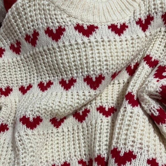 White Beige Casual Womens Heart Pattern Drop Shoulder Sweater - Picture 8 of 8